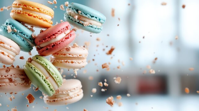 An enticing arrangement of colorful macarons scattered playfully, celebrating texture, color, and the joy of indulging in these sweet, French confections.