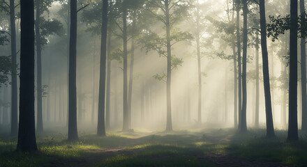Fototapeta premium Enchanting Forest Path Bathed in Morning Mist A Serene and Ethereal Woodland Scene With Sunlight Filtering Through Towering Trees