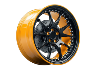 High-performance,  orange and black alloy wheel.  Rendered 3D image of a  racing-style wheel,  with a two-tone design