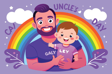 Happy Gay Uncles Day with a Smiling Baby and Rainbow