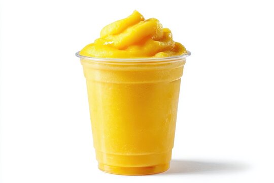 Image of a mango slush in a transparent cup against a white backdrop