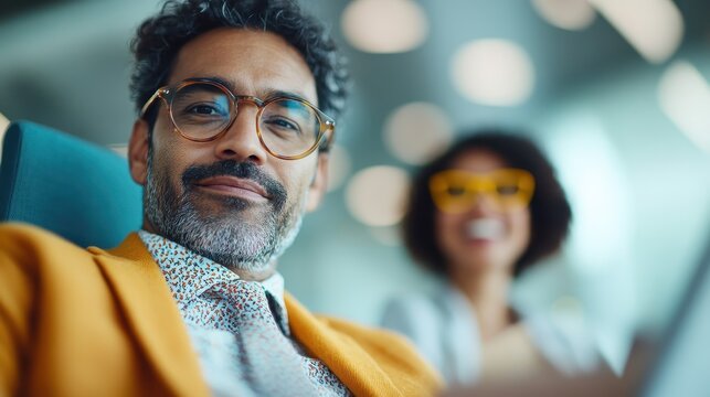 This portrait features a confident man smiling in a modern workspace, showcasing the essence of professionalism and relaxed creativity in a contemporary office environment. - Powered by Adobe