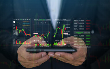 Business people with stock market chart financial trading, online investment, stock exchange analysis, market trends, real-time trading data, forex and crypto trading economic forecasting tool