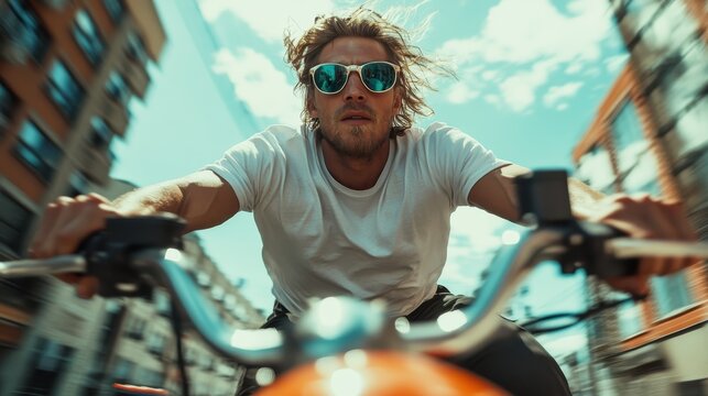 A young man rides a motorcycle at high speed through a bustling city, capturing the essence of freedom and adventure, with a determined expression and wind in his hair.