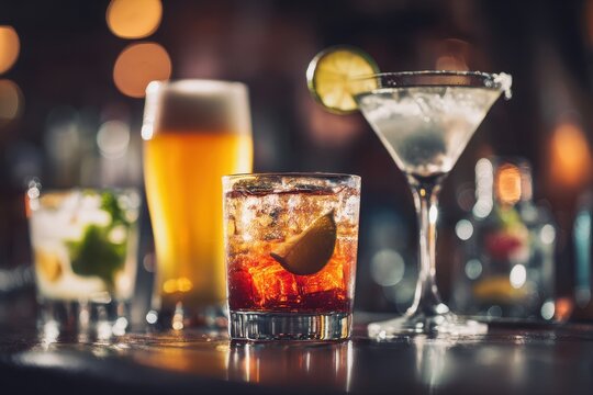 Best selling beverages beer wine cocktails martinis mojitos shots blurred bar backdrop