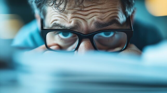 A focused man appears overwhelmed as he navigates through stacks of paperwork, reflecting the stress of modern life and the challenges of work as he gazes intently ahead.