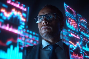 A businessman stands in a digital space, surrounded by holographic screens filled with futuristic data and visuals.