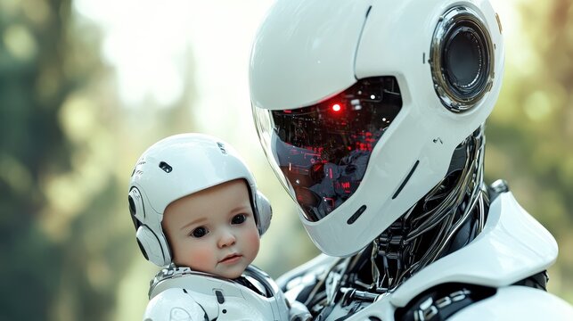A captivating image of a futuristic robot tenderly holding a baby, symbolizing a unique bond between technology and humanity in an imaginative, serene landscape.