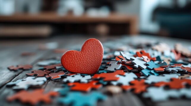 A vibrant red heart stands out among a variety of colorful puzzle pieces, symbolizing love and connection within the chaotic beauty of everyday life and personal challenges.