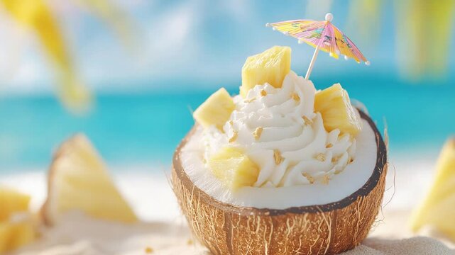 Tropical dessert in coconut bowl with pineapple chunks and mini umbrella on beach
