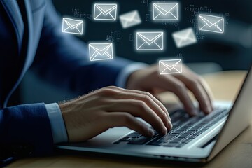 Close-up of hands typing on laptop, email icons overlay