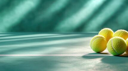 Four vibrant yellow tennis balls positioned on a smooth green court, perfectly poised for a match, beautifully showcasing the energy and competitive spirit of tennis.
