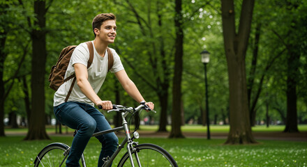 Man Riding Bicycle in Park – Eco-Friendly Commuting and Active Lifestyle, generative ai