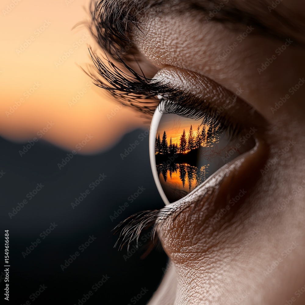 Poster sunset reflected in the eye: the world is mirrored in a gaze that captures the moment. a striking ma