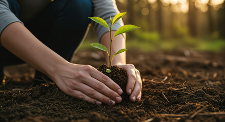 Hands Planting Young Tree – Sustainable Environment and Green Living, Generative ai