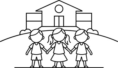 Back to school line art drawing style. Three happy children holding hands in front of school building, Minimalist design for education posters, back to school and coloring pages