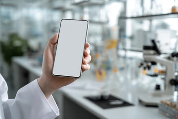 doctor's hand with white smartphone screen in laboratory, mock up, copy space