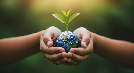 A child's hands gently holding a small earth with a sprouting plant, blurred natural background, Earth Day concept, generative ai
