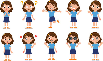Cartoon girl showing different emotions, expressive character, emotional faces, happy sad angry, cute vector child illustration, animated feelings set, educational kids clipart for learning emotions.