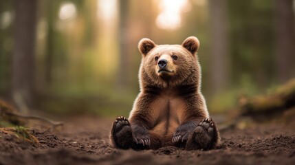 Obraz premium In a serene forest setting, a majestic bear sits calmly, showcasing its powerful presence and natural beauty amidst a backdrop of soft, diffused sunlight filtering through trees.