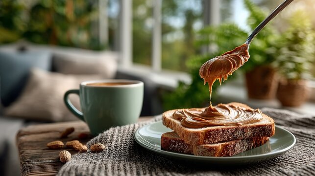 Spoon with peanut butter appearing to levitate above slices of toast in a cozy setting - Powered by Adobe
