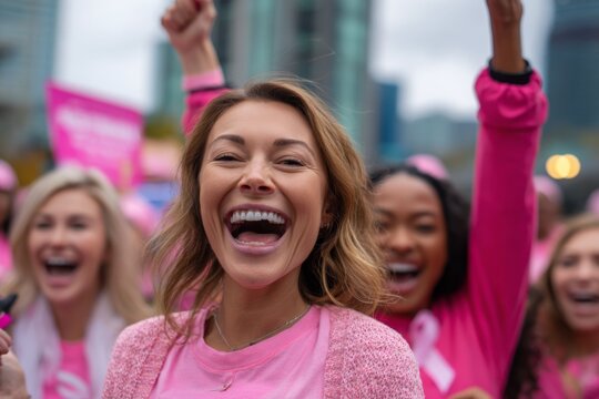 Participants wearing pink take part in a breast cancer awareness walk event, symbolizing unity and hope. - Powered by Adobe