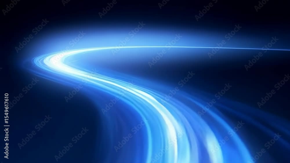 Poster bright blue light paths bend dynamically against a dark background, creating a sense of speed and mo