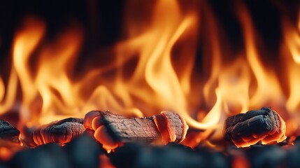 A visually striking arrangement of glowing coals amidst flames creates a captivating atmosphere that evokes warmth, intensity, and a sense of comfort, ideal for culinary or cozy themes.