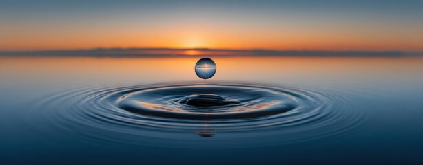 The mesmerizing water droplet reflecting a stunning sunset over calm waters.
