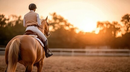 A captivating silhouette of an equestrian rider on horseback during sunset, showcasing the bond between human and horse against a backdrop of orange hues.