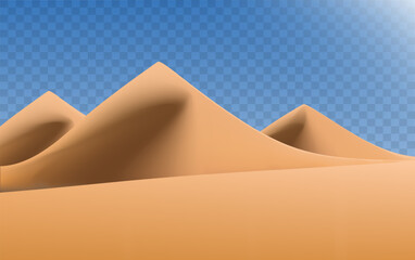 Realistic desert landscape isolated on transparent background. Sandy desert dunes. Vector