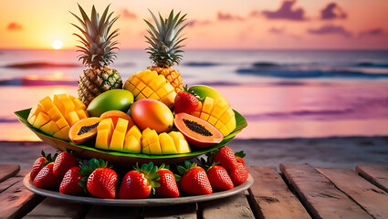 Fresh tropical fruits arranged against coastal sunset

