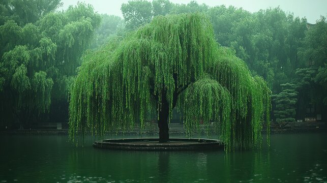 A weeping willow tree stands alone on an island in a misty, rain-filled pond. Lush green foliage surrounds the serene scene