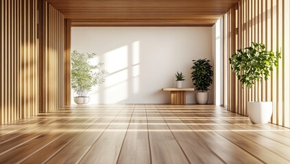 Spacious, light-filled room with warm wood accents