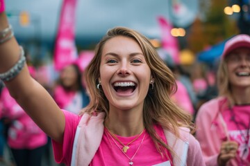 Participants wearing pink take part in a breast cancer awareness walk event, symbolizing unity and hope.