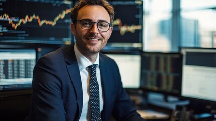 A man in a suit and tie, smiling, in front of a computer with multiple screens displaying financial data.
