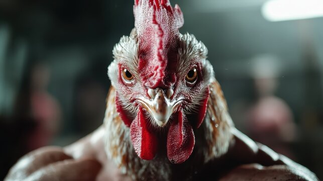 A muscular rooster strikes a strong pose, showcasing its fierce appearance and vibrant plumage, encapsulating the essence of strength and personality in animal imagery.