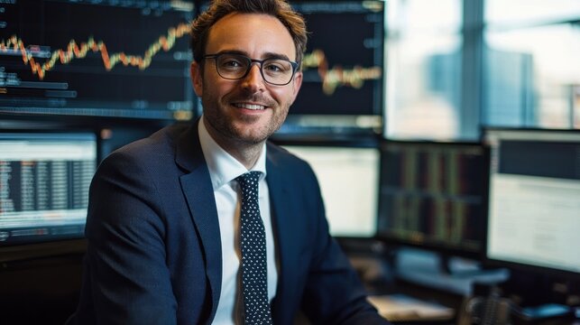 A man in a suit and tie, smiling, in front of a computer with multiple screens displaying financial data.
