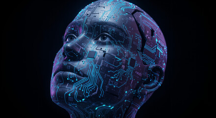  futuristic human face partially made of digital circuit board patterns, generative ai
