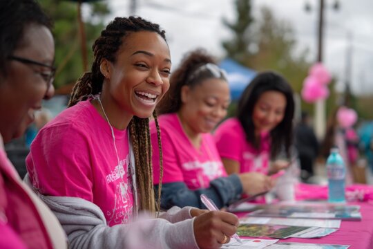 Participants wearing pink take part in a breast cancer awareness walk event, symbolizing unity and hope. - Powered by Adobe