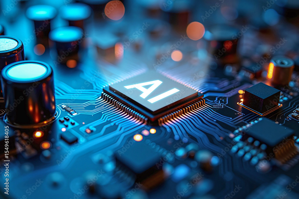 Fototapete glowing circuit board semiconductor microchip with ai text, digital technology background