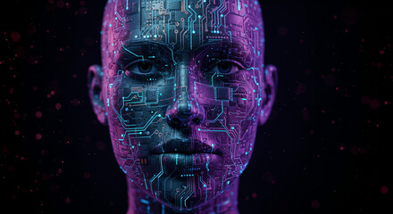 A futuristic human face partially made of digital circuit board patterns, AI concept art, glowing lines, dark background, generative ai