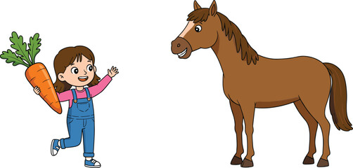 Cartoon girl holding carrot feeding a horse, cute child and animal interaction illustration, farm scene vector, animal care education, happy petting zoo concept image.