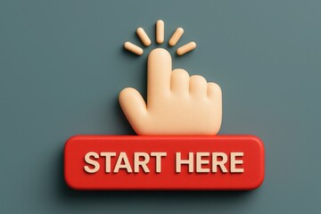 Click Here button To Begin Guidance With A Hand Cursor Pointing On A Red Button On Blue Background For Directional