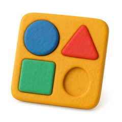 A yellow square toy with embedded colorful shapes: a circle, triangle, and square.