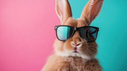 A playful rabbit wearing sunglasses poses against a vibrant pink and cyan background, embodying a fun, carefree spirit and a whimsical approach to animal photography.
