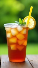Iced tea beverage in a clear plastic cup.