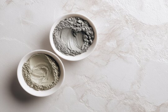 Bird s eye view of two white bowls containing gray and white cosmetic clay on a marble surface mineral powder and bentonite face mask Skincare theme Focused shot
