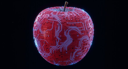 A futuristic red apple made of digital circuits and glowing lines, blending nature and technology, dark background, generative ai.