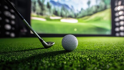 Golf club and ball on artificial turf, projected course in background
